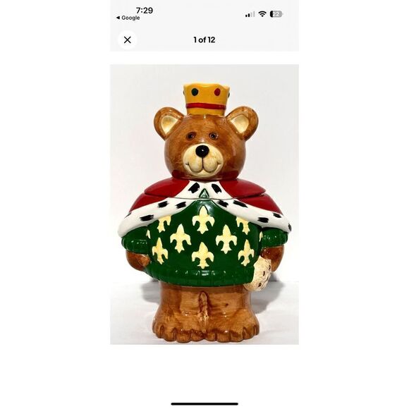 Neiman Marcus Christmas Cookie Jar Teddy Bear King Crown 1994 Hand Painted - Picture 1 of 15